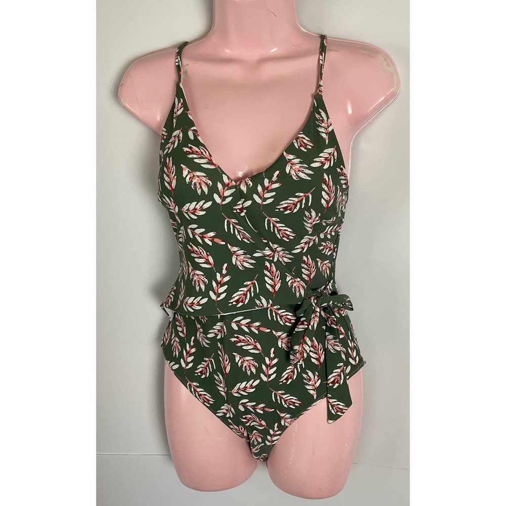 Cupshe Womens Olive Green Tropical Leaf Wrap One Piece Swimsuit  Small NWT